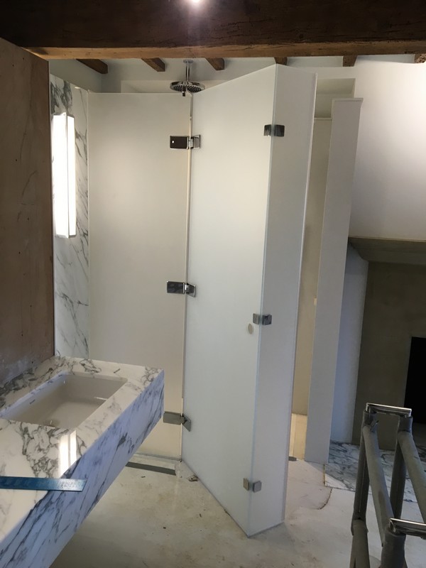 Bespoke frosted glass shower enclosure in Muswell Hill luxury bathroom